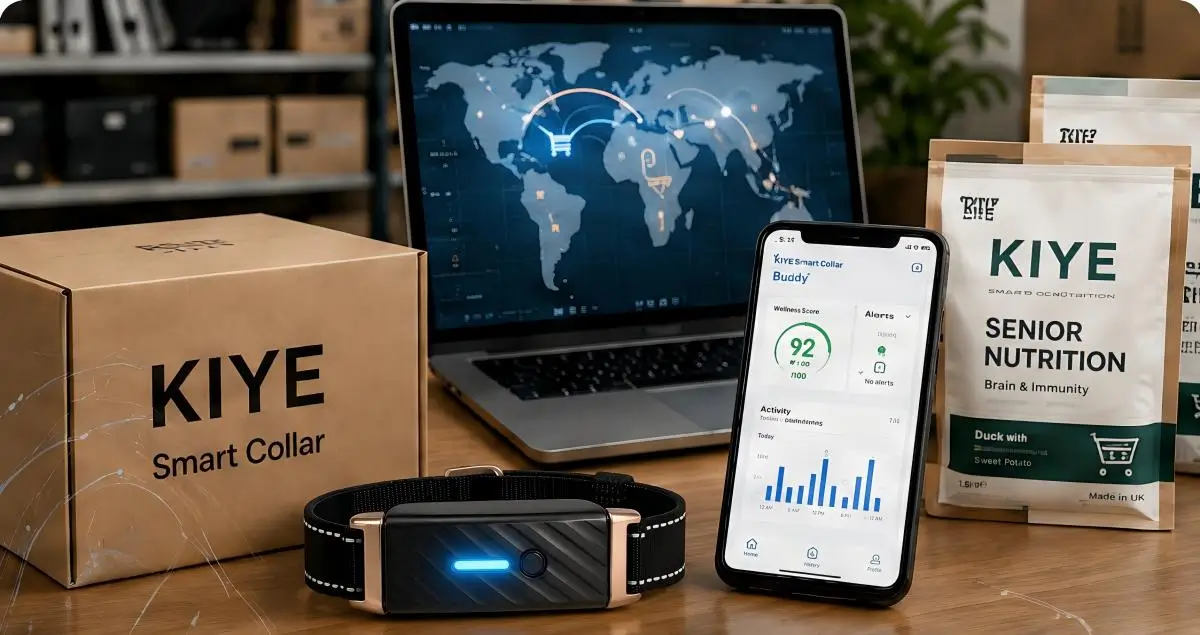 KIYE smart collar, health app, and senior pet nutrition products for e-commerce distribution