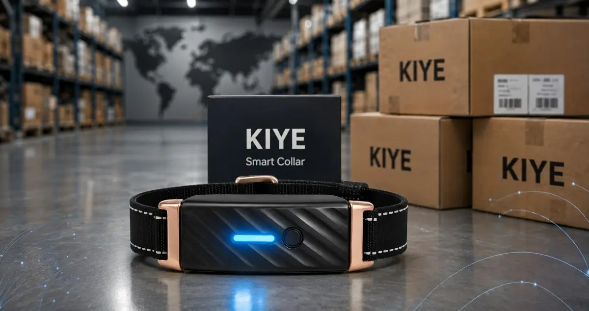 KIYE smart health collar with wholesale packaging in a pet product distribution warehouse